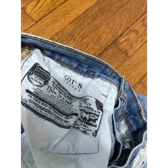 Levi's Womens 501S Skinny Jeans Sz 29 (29x32) Blue Distressed Denim Button Fly - Picture 5 of 9